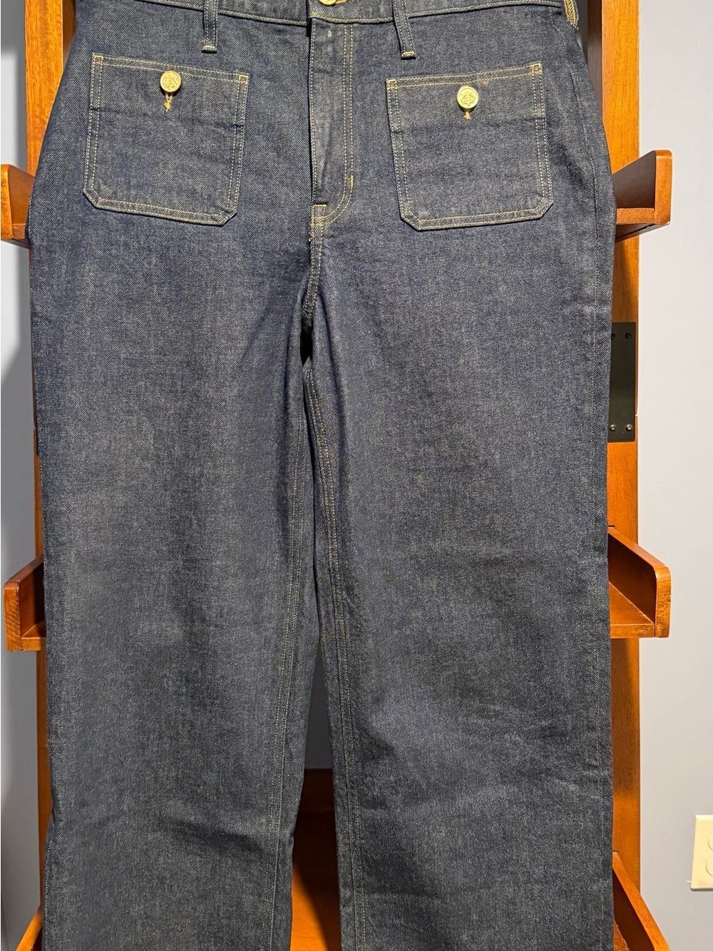 J. Crew Dark Indigo Straight-Leg Jeans with Gold Button Accents